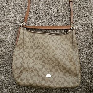 Coach Bucket Bag Purse in Signature Coated Canvas. Brown CC Design. Two Straps